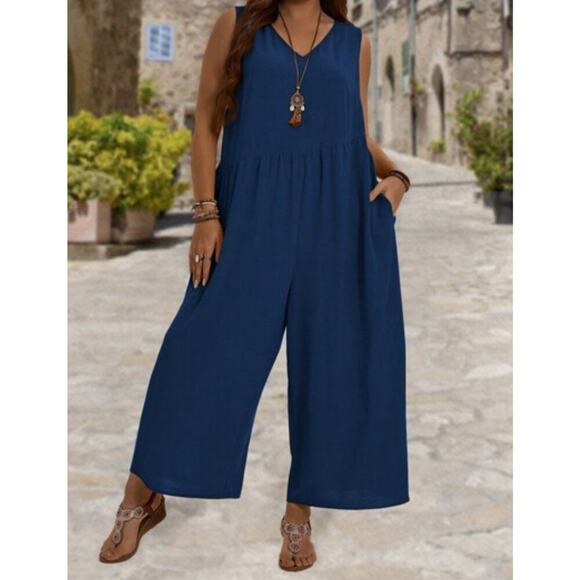 Emery Rose Navy Jumpsuit Sleeveless Pockets Ruching Asymmetrical Waist Size 3XL - Picture 1 of 12
